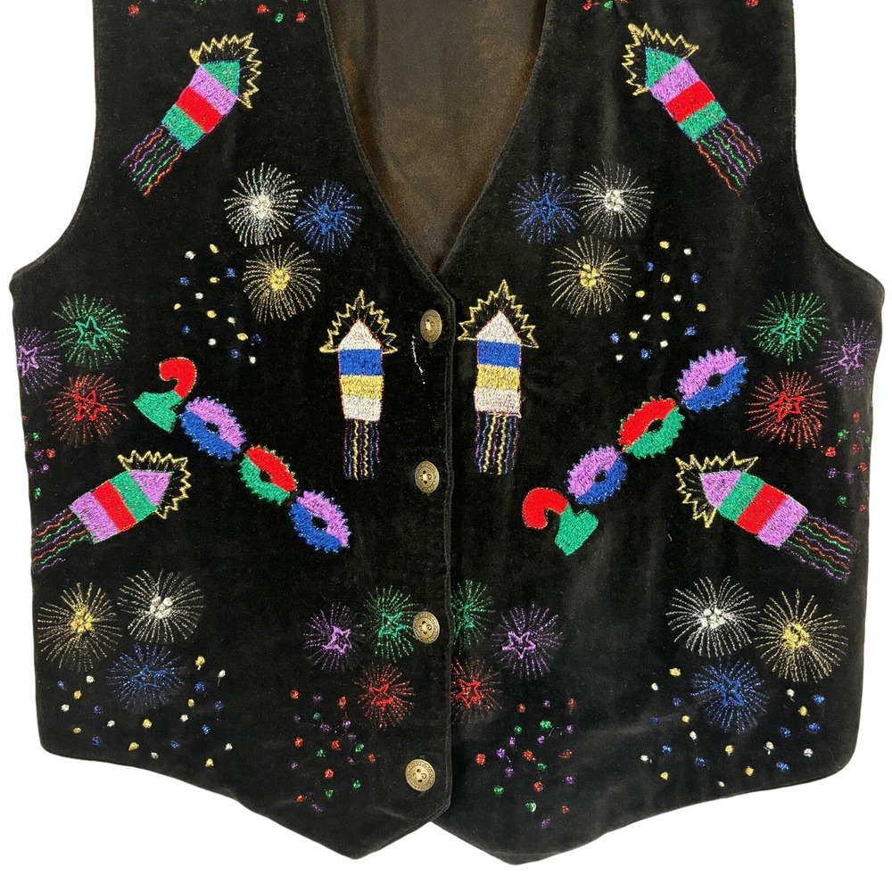 Vintage y2k Vest Black Millennium 2000 Beaded Velvet Retro Festive Women SMALL